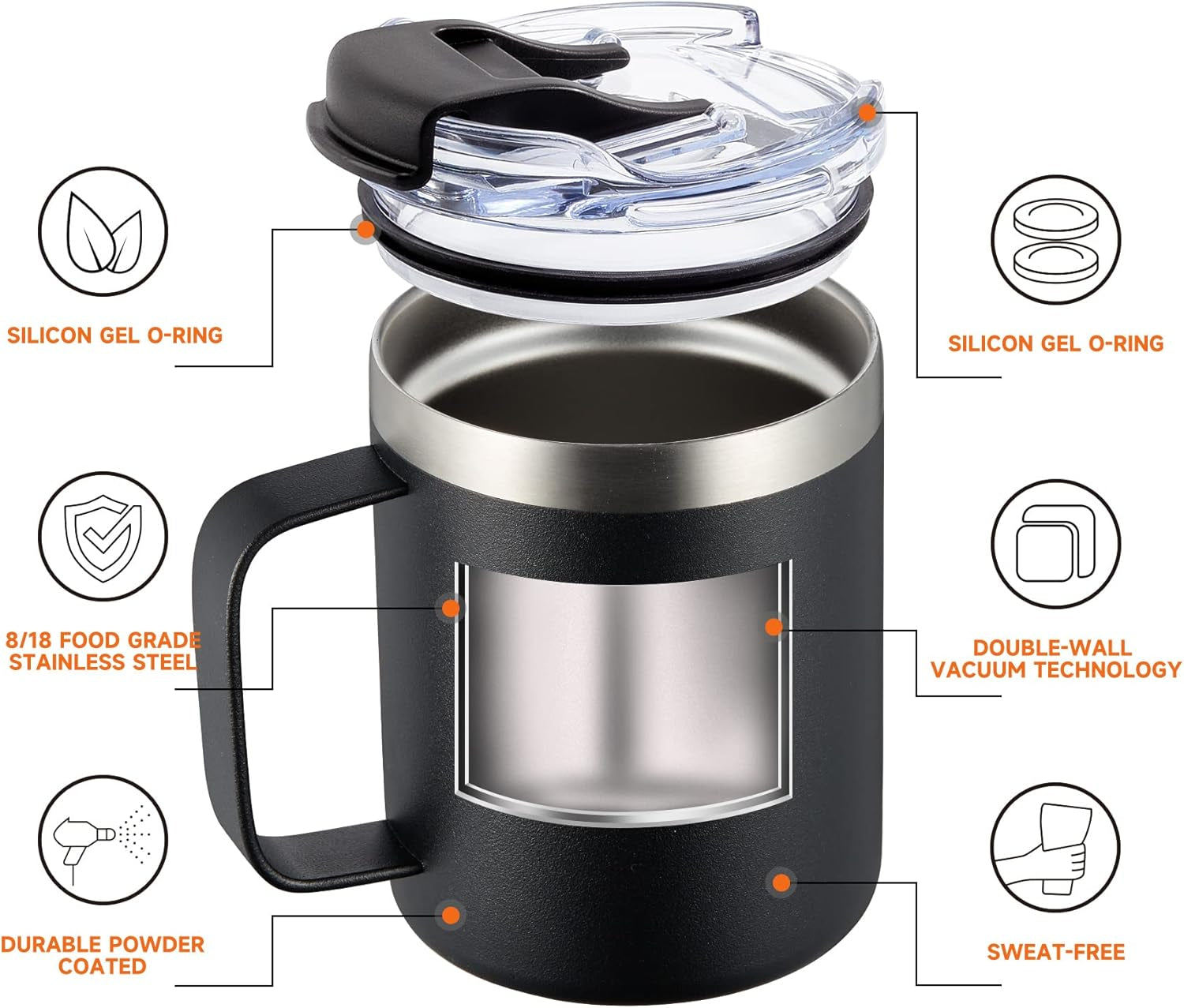 12Oz Insulated Coffee Mug Cup with Handle, Stainless Steel Travel Coffee Mug with Flip Lid, Double Wall Vacuum Coffee Tumbler, Black