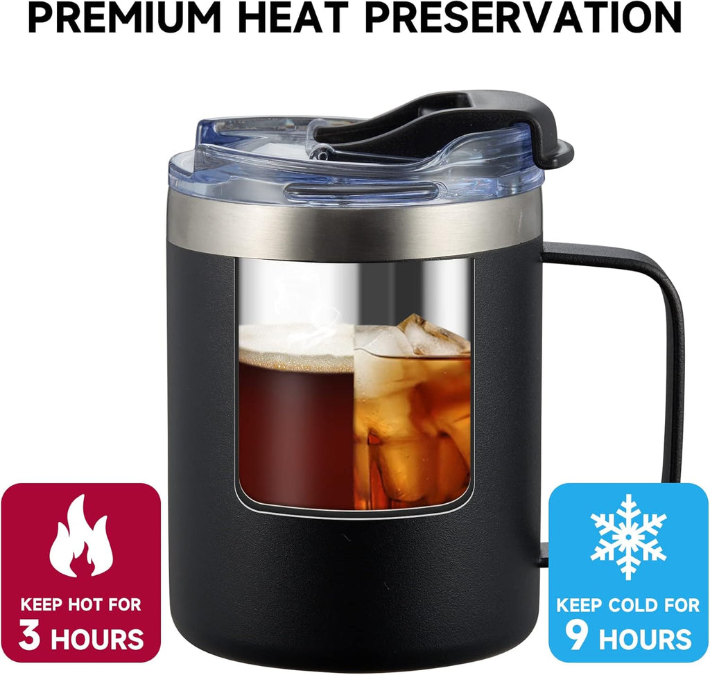 12Oz Insulated Coffee Mug Cup with Handle, Stainless Steel Travel Coffee Mug with Flip Lid, Double Wall Vacuum Coffee Tumbler, Black