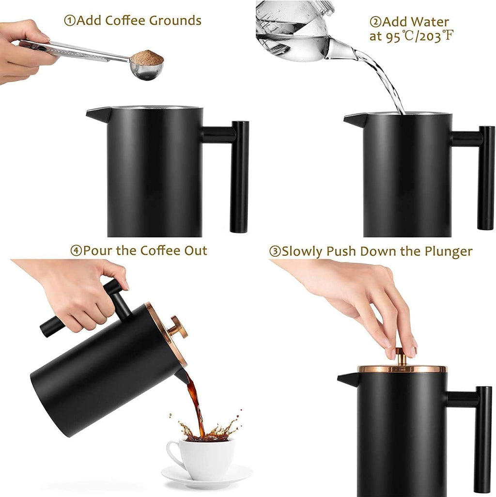 12Oz French Press for One Person, Small Coffee Press 350Ml with 2 Filter Mesh, Double Wall Insulated French Press for Travel, Black