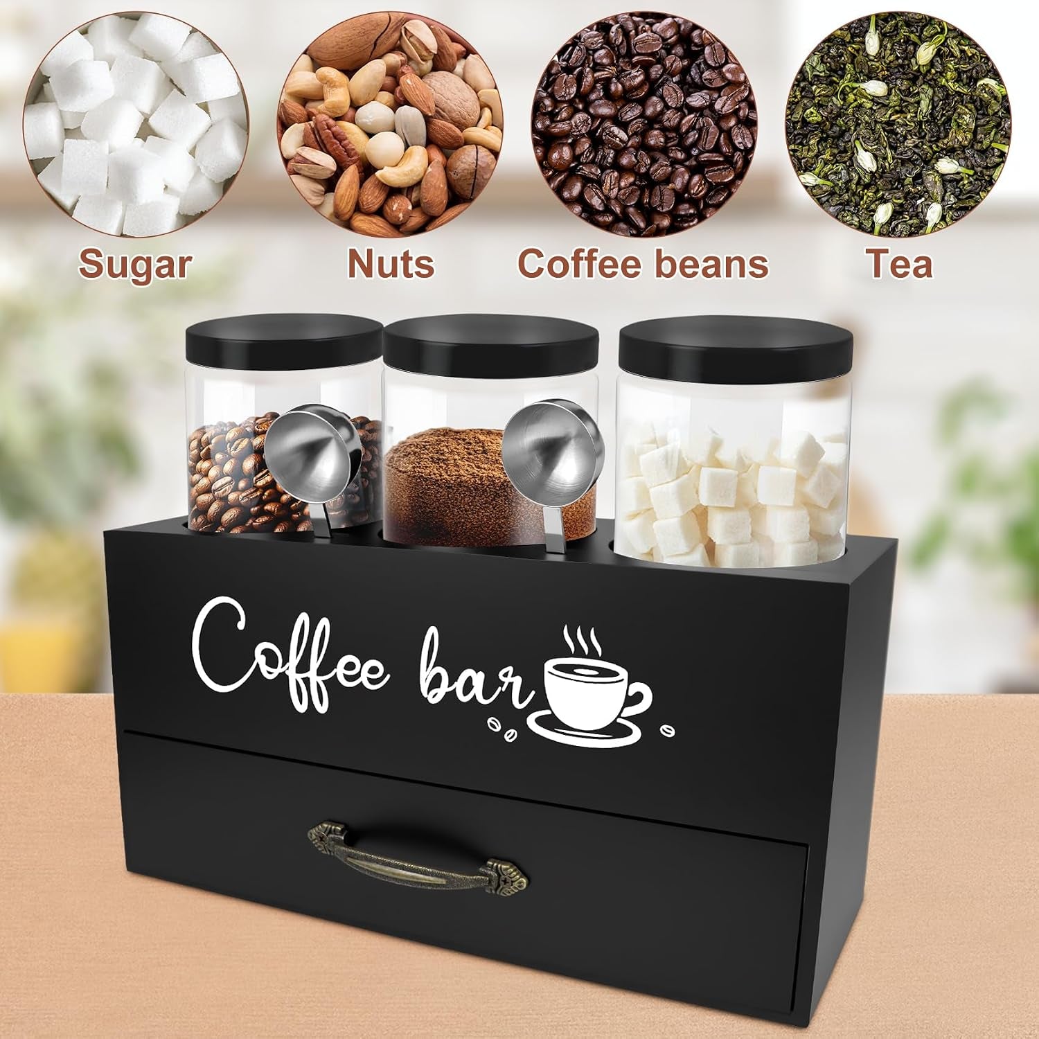54 Oz Coffee Canister Set with Shelf, Coffee and Sugar Container Set of 3 Canisters Sets for Kitchen Counter, Plastic Coffee Bean Storage Container with Scoop (Black - Drawer)