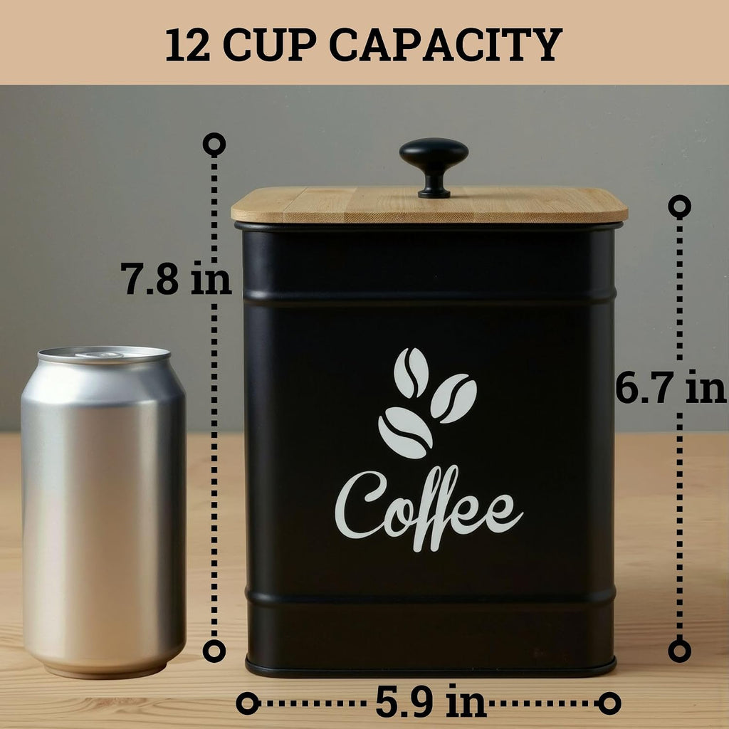 Airtight Coffee Canister 40 Oz, 6"X 8" Metal Jar W/ Rubber-Lined Bamboo Lid | 40Oz Large Iron, Airtight Coffee Container, Bamboo Lid, Stylish Countertop Container for Coffee Grounds, Beans, Pods & More