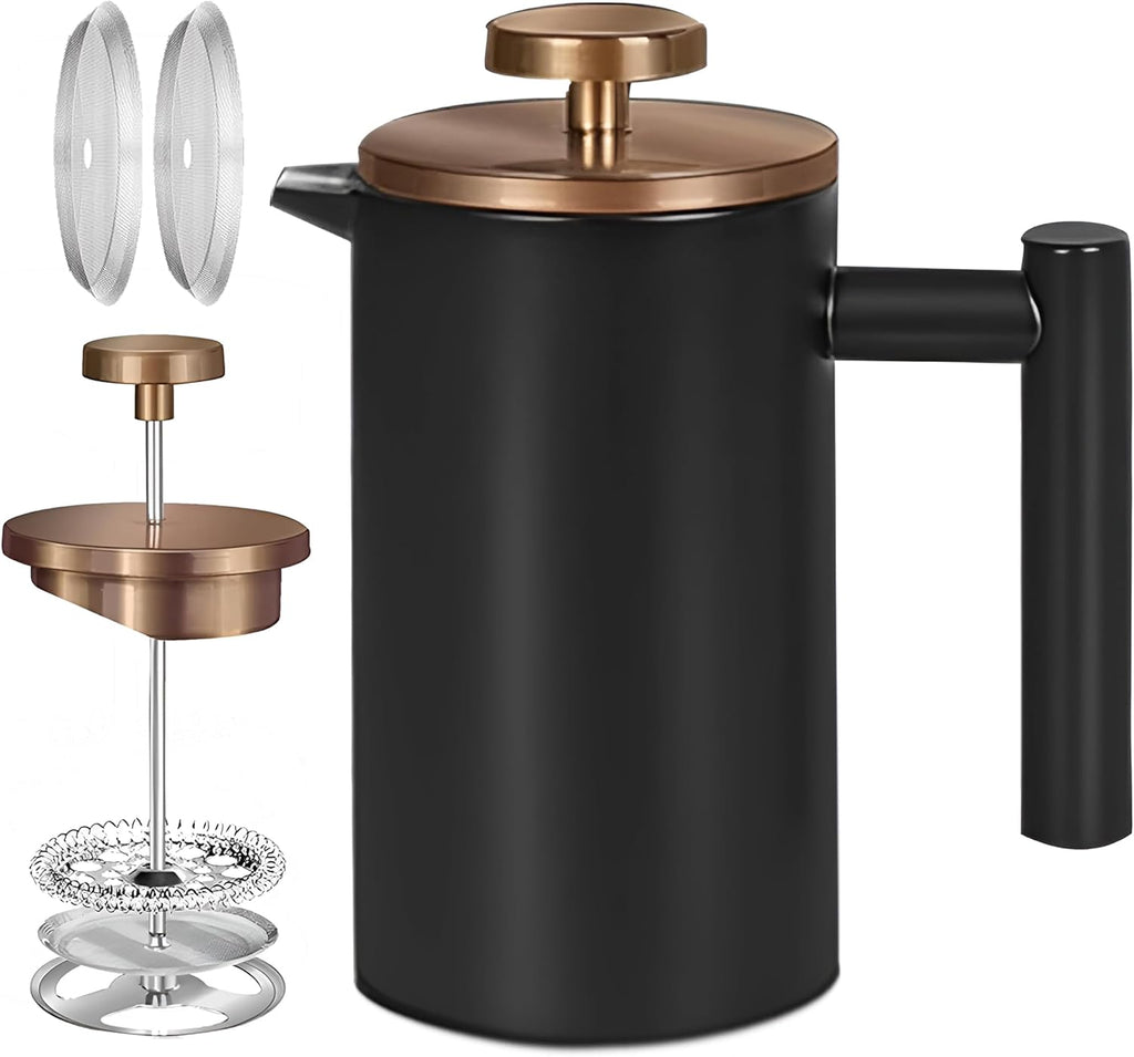 12Oz French Press for One Person, Small Coffee Press 350Ml with 2 Filter Mesh, Double Wall Insulated French Press for Travel, Black