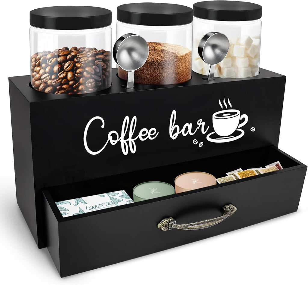 54 Oz Coffee Canister Set with Shelf, Coffee and Sugar Container Set of 3 Canisters Sets for Kitchen Counter, Plastic Coffee Bean Storage Container with Scoop (Black - Drawer)