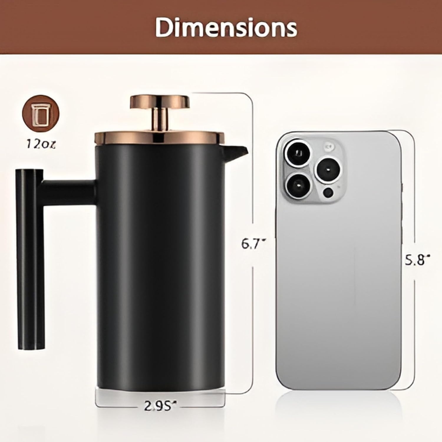 12Oz French Press for One Person, Small Coffee Press 350Ml with 2 Filter Mesh, Double Wall Insulated French Press for Travel, Black