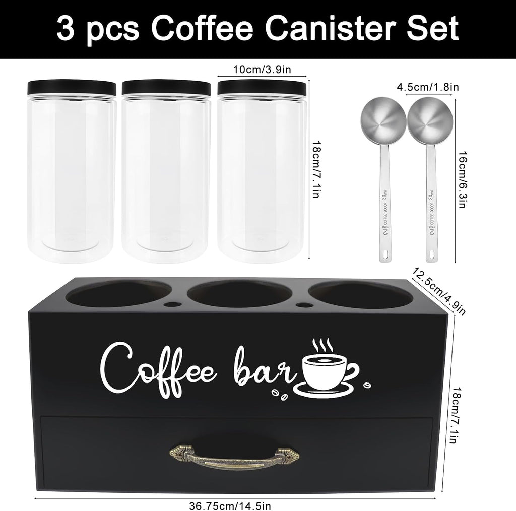 54 Oz Coffee Canister Set with Shelf, Coffee and Sugar Container Set of 3 Canisters Sets for Kitchen Counter, Plastic Coffee Bean Storage Container with Scoop (Black - Drawer)