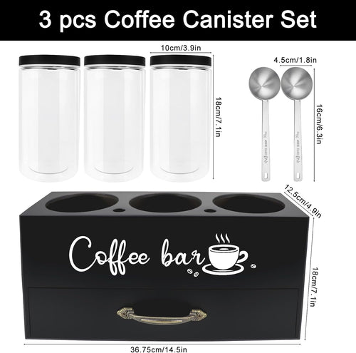 54 Oz Coffee Canister Set with Shelf, Coffee and Sugar Container Set of 3 Canisters Sets for Kitchen Counter, Plastic Coffee Bean Storage Container with Scoop (Black - Drawer)